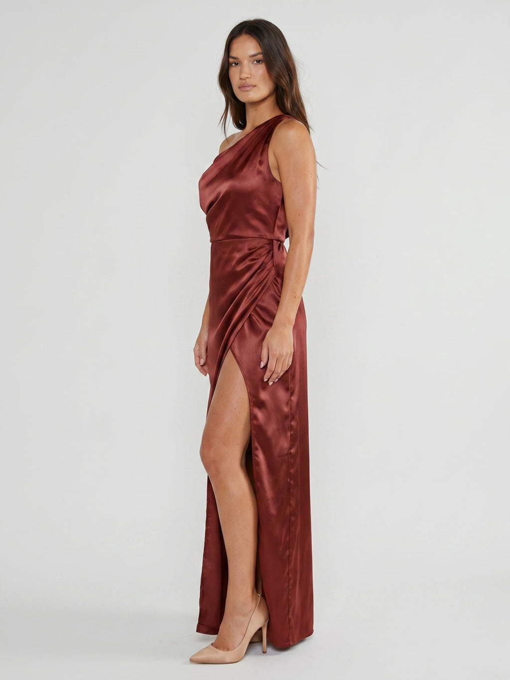 Wine Satin Sheath One Shoulder Side Zip Floor-Length Bridesmaid Dress - Curvevia