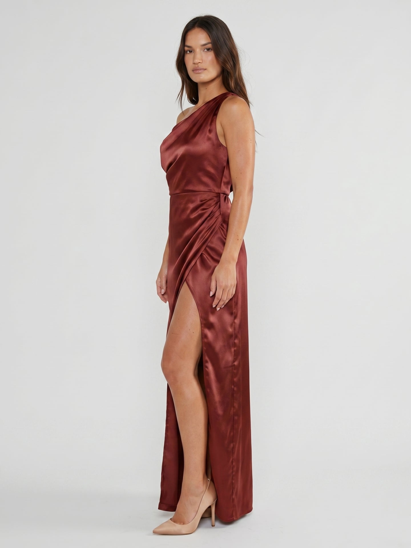 Wine Satin Sheath One Shoulder Side Zip Floor-Length Bridesmaid Dress - Curvevia