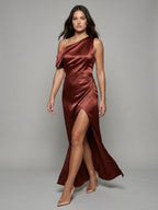 Wine Satin Sheath One Shoulder Side Zip Floor-Length Bridesmaid Dress - Curvevia