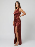 Wine Satin Sheath One Shoulder Side Zip Floor-Length Bridesmaid Dress - Curvevia