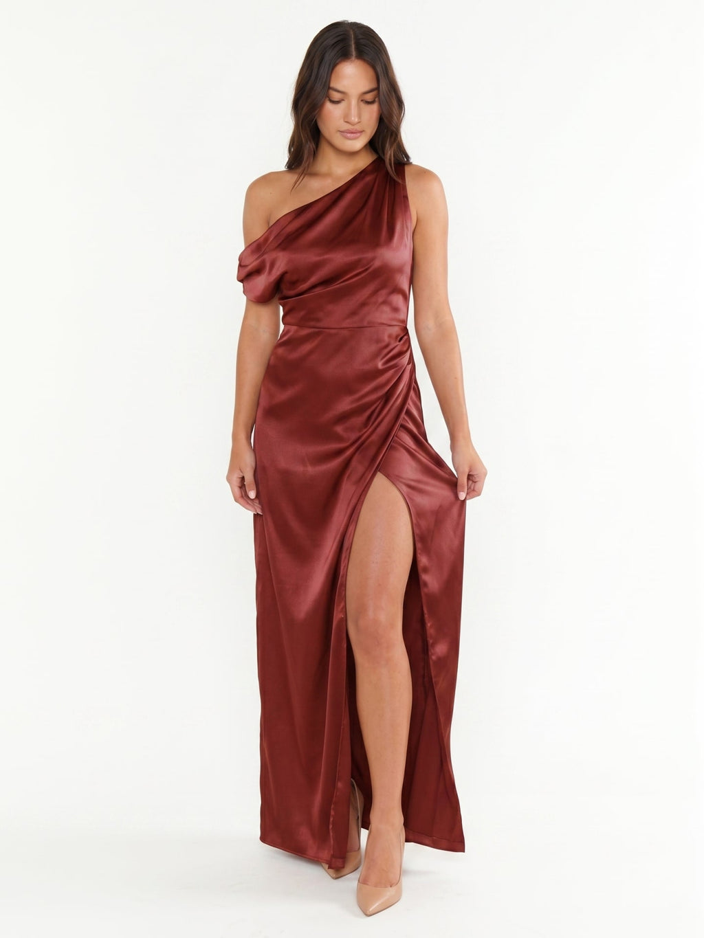 Wine Satin Sheath One Shoulder Side Zip Floor-Length Bridesmaid Dress - Curvevia
