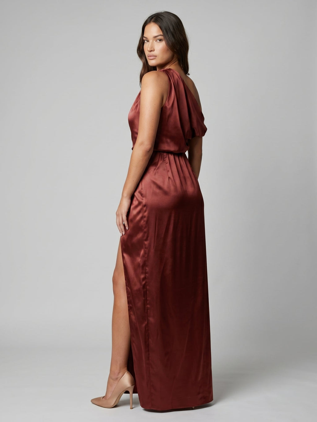 Wine Satin Sheath One Shoulder Side Zip Floor-Length Bridesmaid Dress - Curvevia