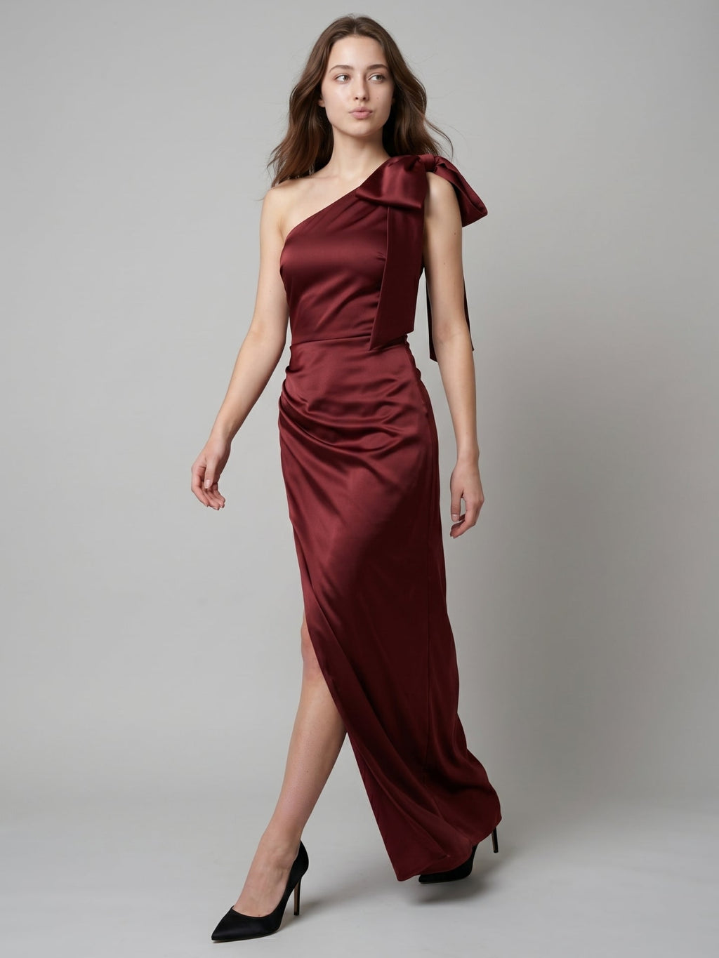 Wine Satin Sheath One Shoulder Side Zip Floor-Length Bridesmaid Dress with Bow - Curvevia
