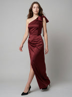 Wine Satin Sheath One Shoulder Side Zip Floor-Length Bridesmaid Dress with Bow - Curvevia