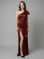 Wine Satin Sheath One Shoulder Side Zip Floor-Length Bridesmaid Dress with Bow - Curvevia