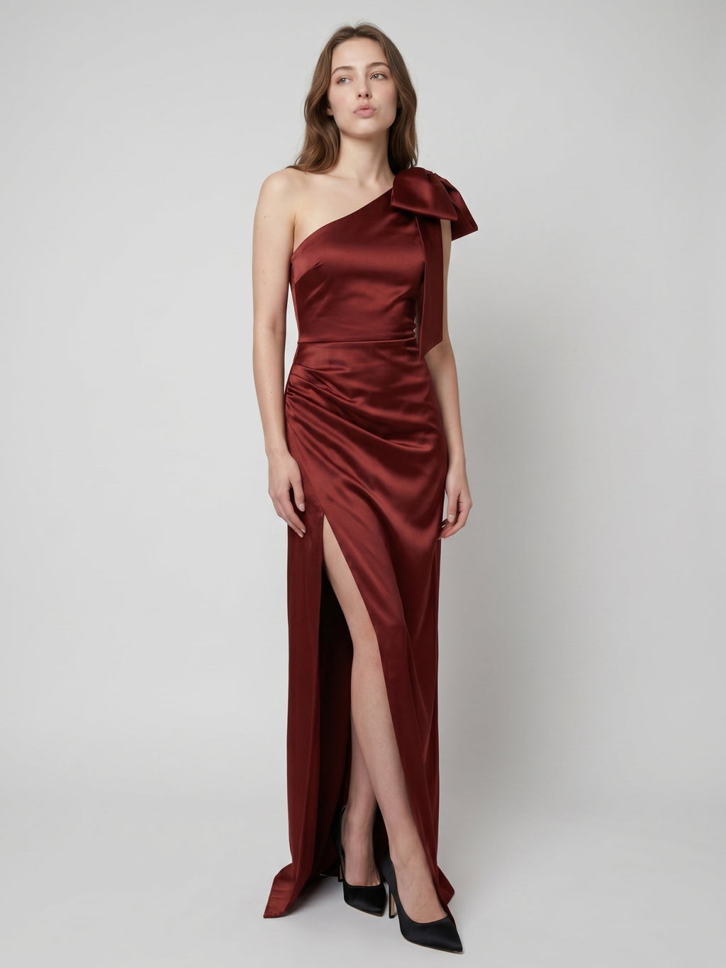Wine Satin Sheath One Shoulder Side Zip Floor-Length Bridesmaid Dress with Bow - Curvevia