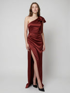 Wine Satin Sheath One Shoulder Side Zip Floor-Length Bridesmaid Dress with Bow - Curvevia
