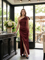 Wine Satin Sheath One Shoulder Side Zip Floor-Length Bridesmaid Dress with Bow - Curvevia