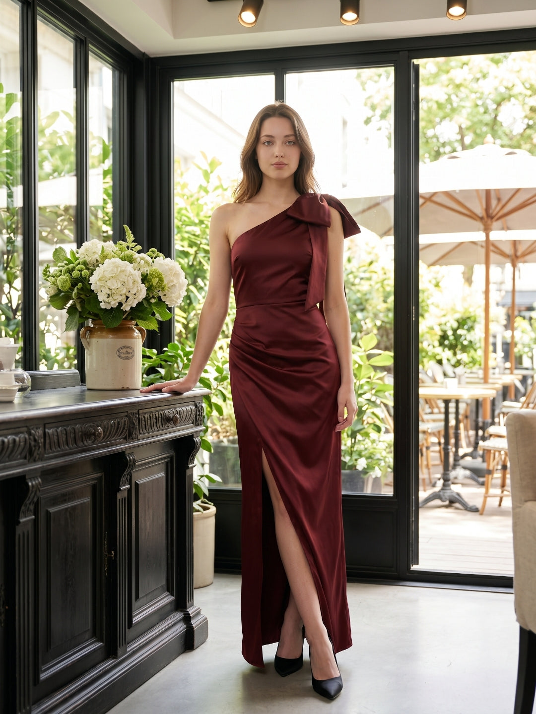 Wine Satin Sheath One Shoulder Side Zip Floor-Length Bridesmaid Dress with Bow - Curvevia
