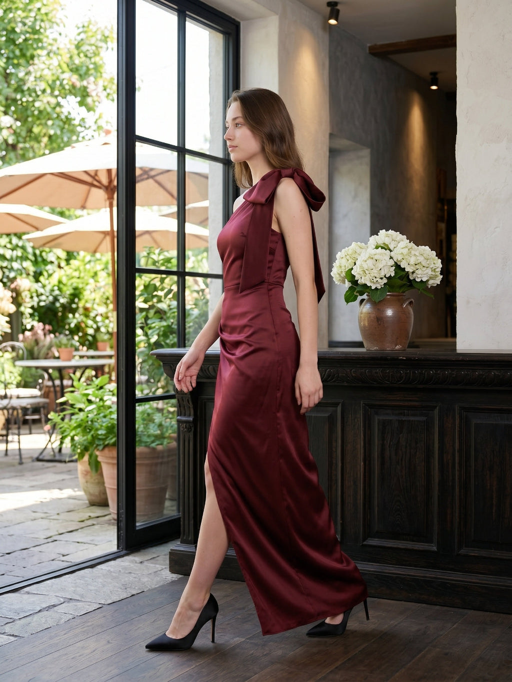 Wine Satin Sheath One Shoulder Side Zip Floor-Length Bridesmaid Dress with Bow - Curvevia