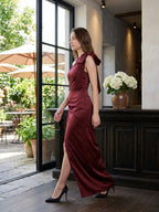 Wine Satin Sheath One Shoulder Side Zip Floor-Length Bridesmaid Dress with Bow - Curvevia