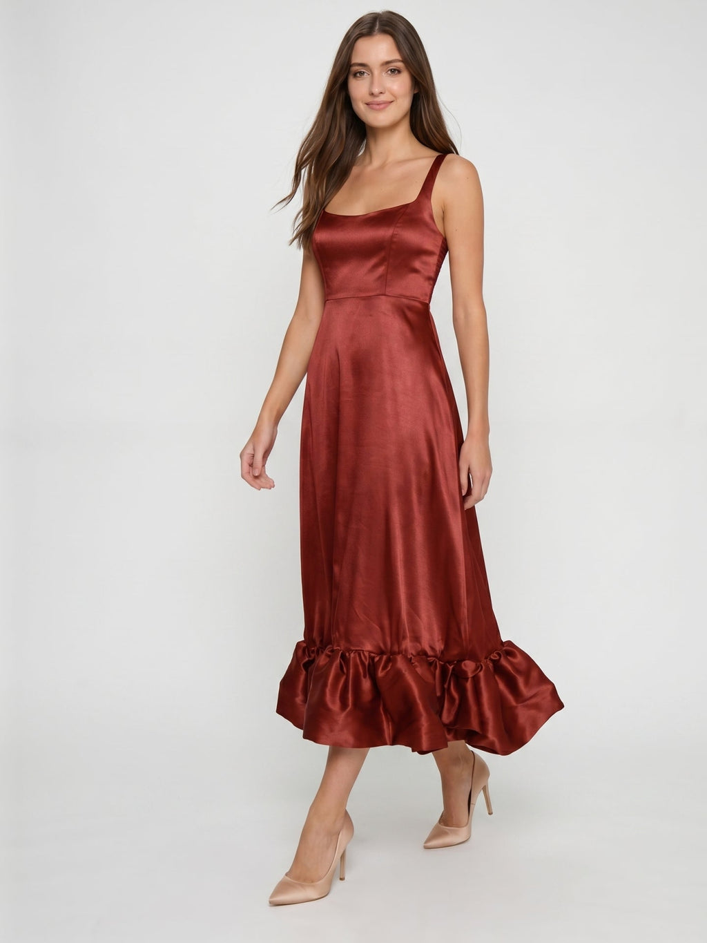 Wine Satin A-Line Square Neck Ankle-Length Bridesmaid Dress with Pleats - Curvevia