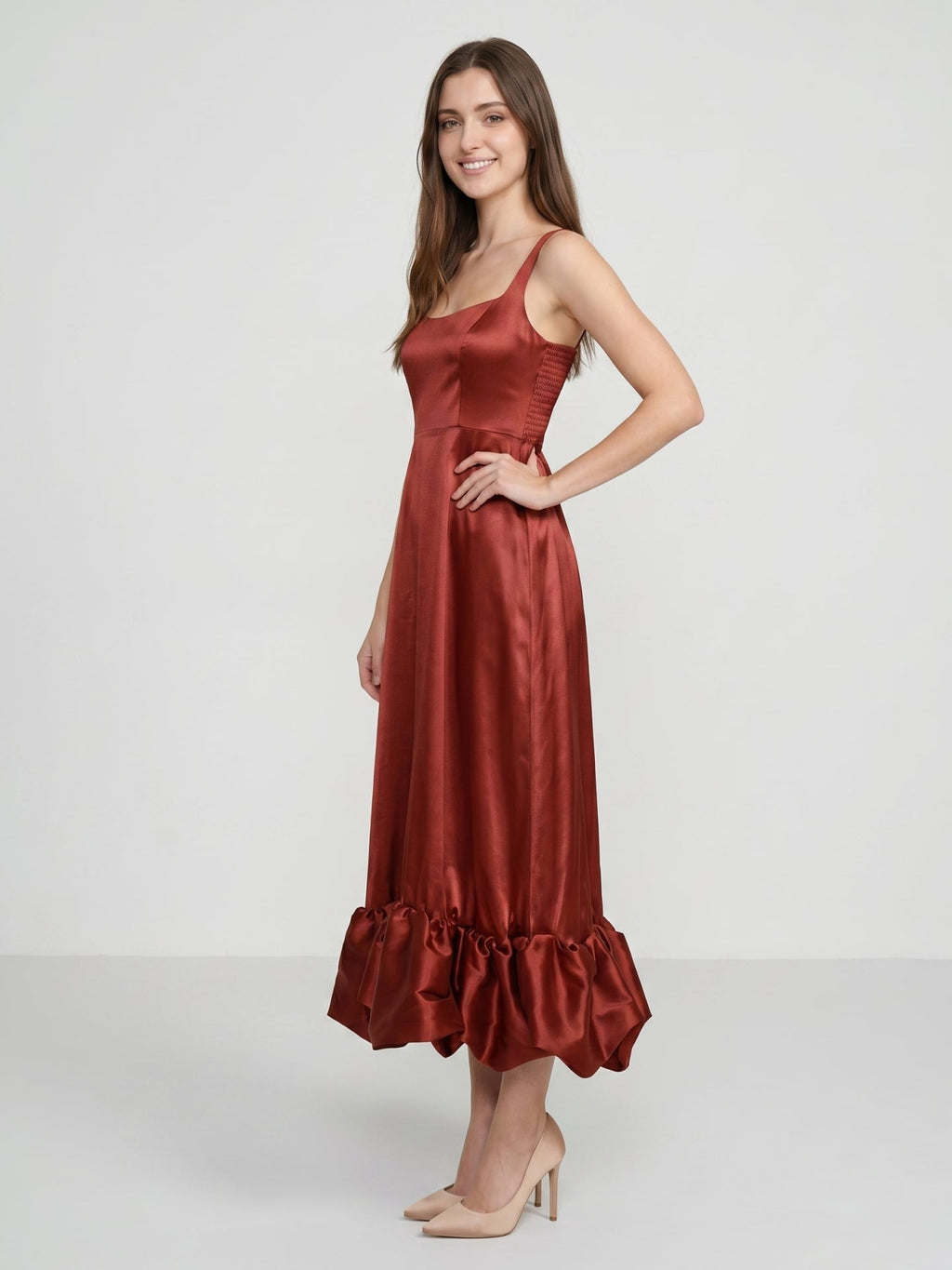 Wine Satin A-Line Square Neck Ankle-Length Bridesmaid Dress with Pleats - Curvevia