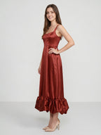 Wine Satin A-Line Square Neck Ankle-Length Bridesmaid Dress with Pleats - Curvevia