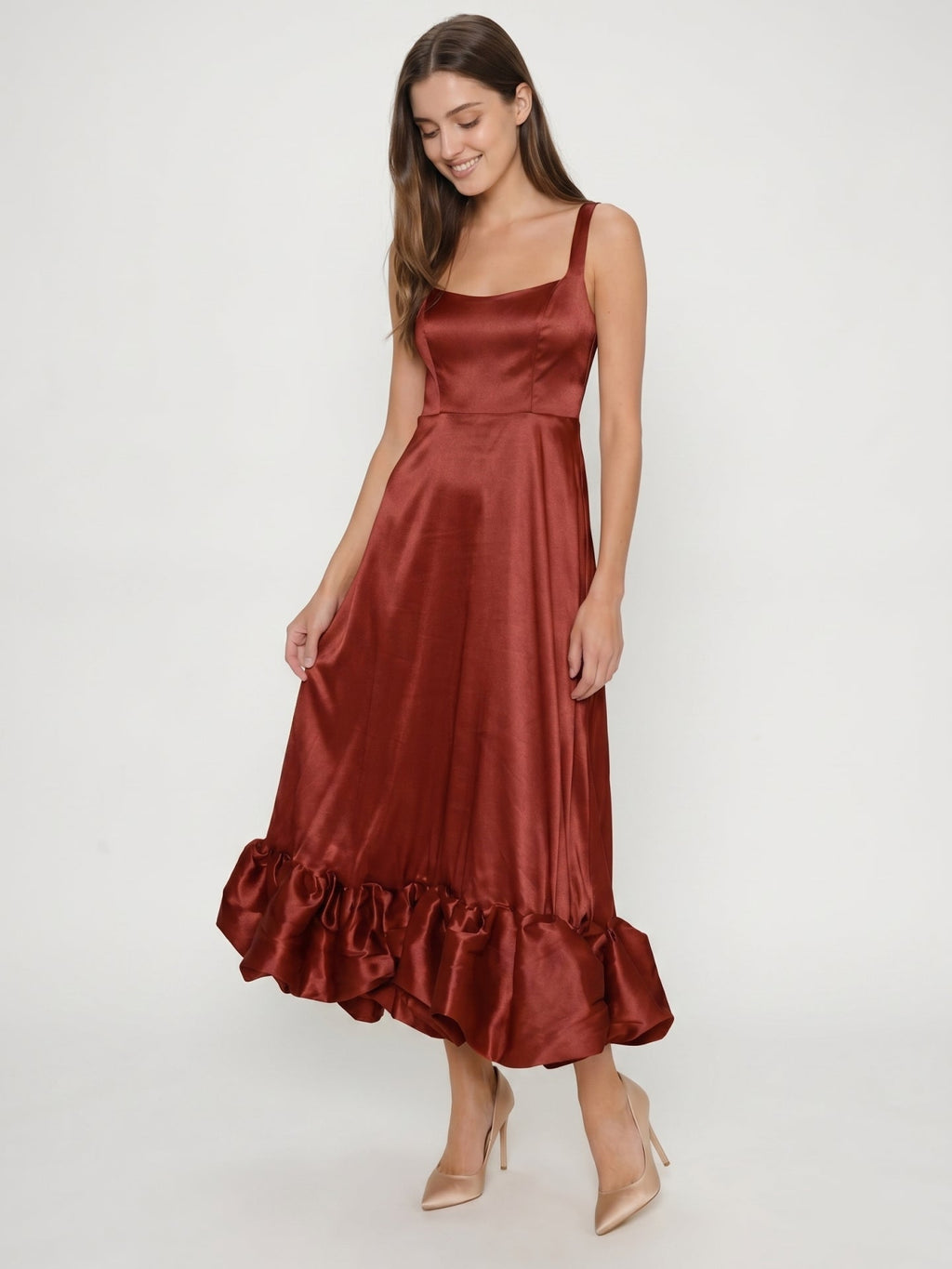 Wine Satin A-Line Square Neck Ankle-Length Bridesmaid Dress with Pleats - Curvevia