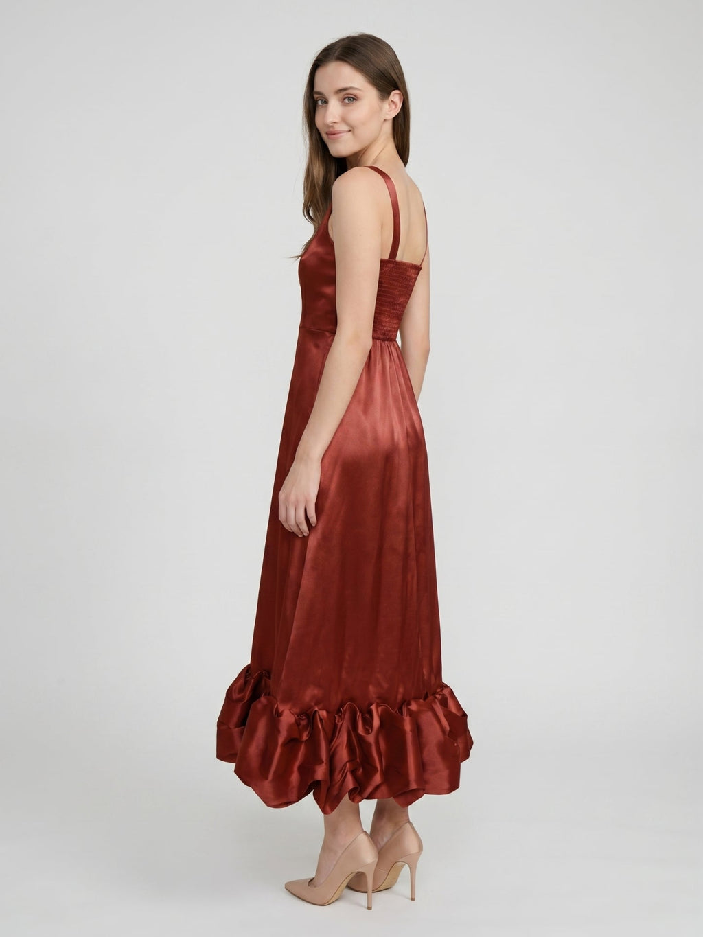 Wine Satin A-Line Square Neck Ankle-Length Bridesmaid Dress with Pleats - Curvevia