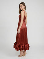 Wine Satin A-Line Square Neck Ankle-Length Bridesmaid Dress with Pleats - Curvevia