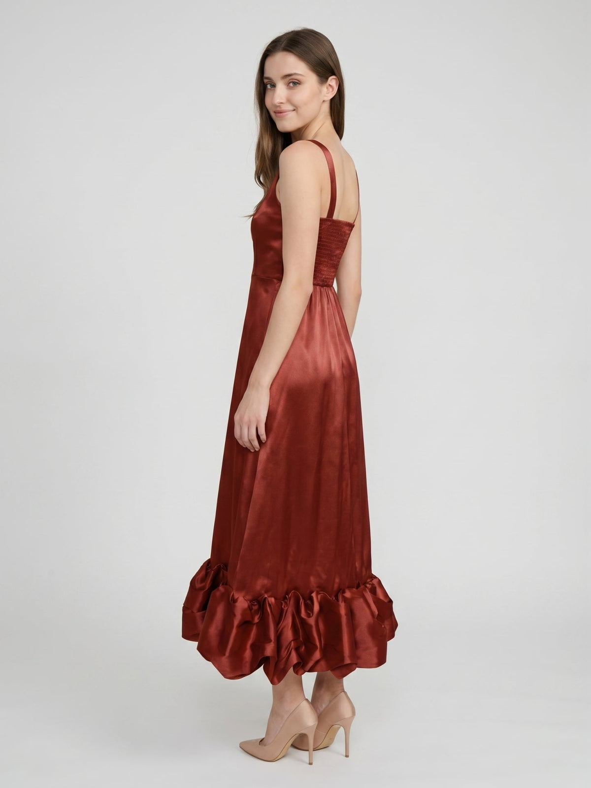 Wine Satin A-Line Square Neck Ankle-Length Bridesmaid Dress with Pleats - Curvevia