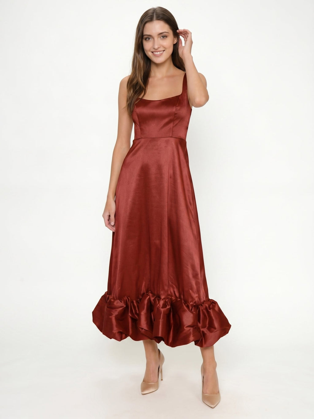 Wine Satin A-Line Square Neck Ankle-Length Bridesmaid Dress with Pleats - Curvevia