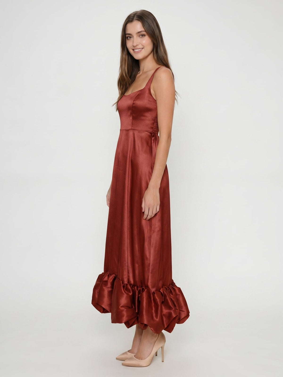 Wine Satin A-Line Square Neck Ankle-Length Bridesmaid Dress with Pleats - Curvevia