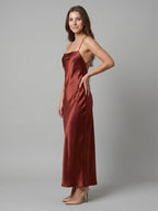 Wine Satin Sheath Square Neck Criss-Cross Straps Ankle-Length Bridesmaid Dress - Curvevia