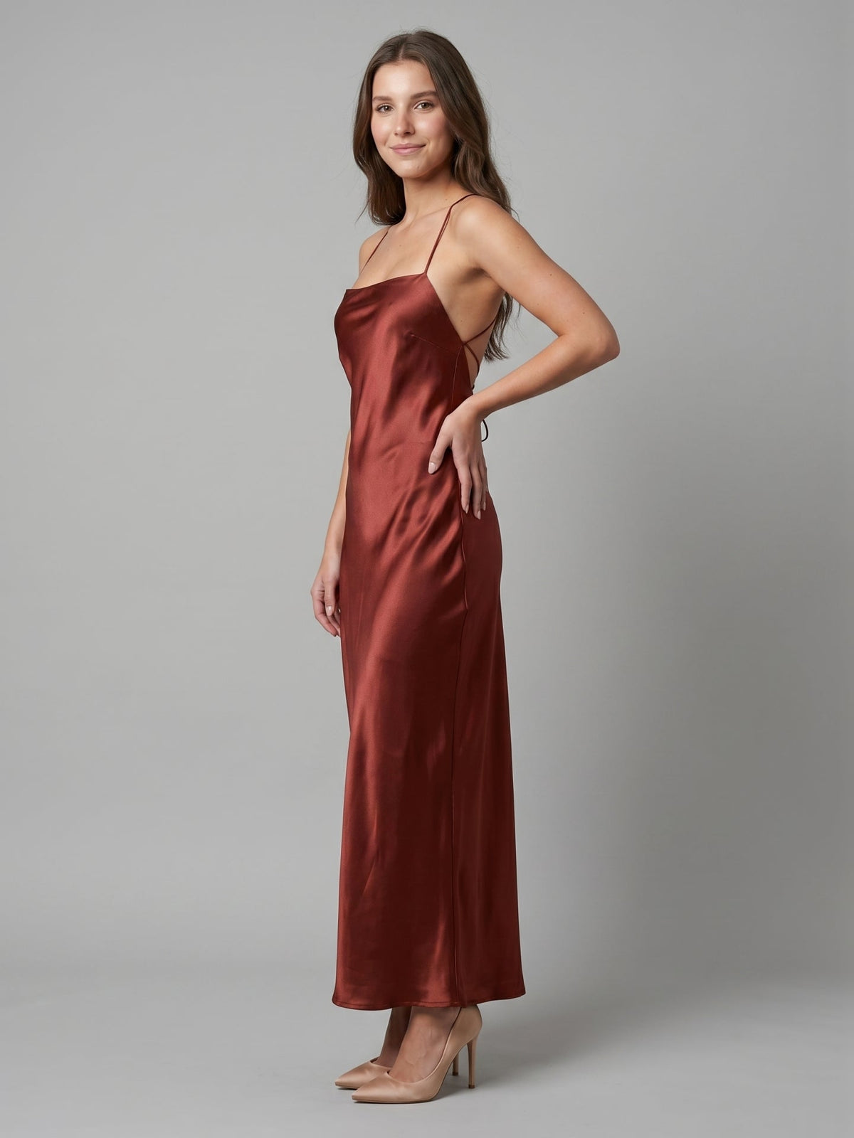Wine Satin Sheath Square Neck Criss-Cross Straps Ankle-Length Bridesmaid Dress - Curvevia