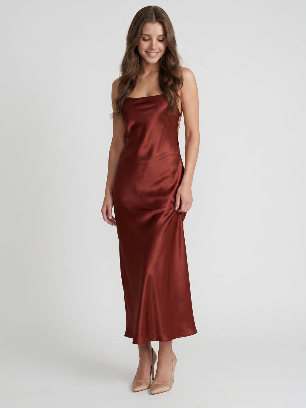 Wine Satin Sheath Square Neck Criss-Cross Straps Ankle-Length Bridesmaid Dress - Curvevia