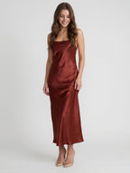 Wine Satin Sheath Square Neck Criss-Cross Straps Ankle-Length Bridesmaid Dress - Curvevia