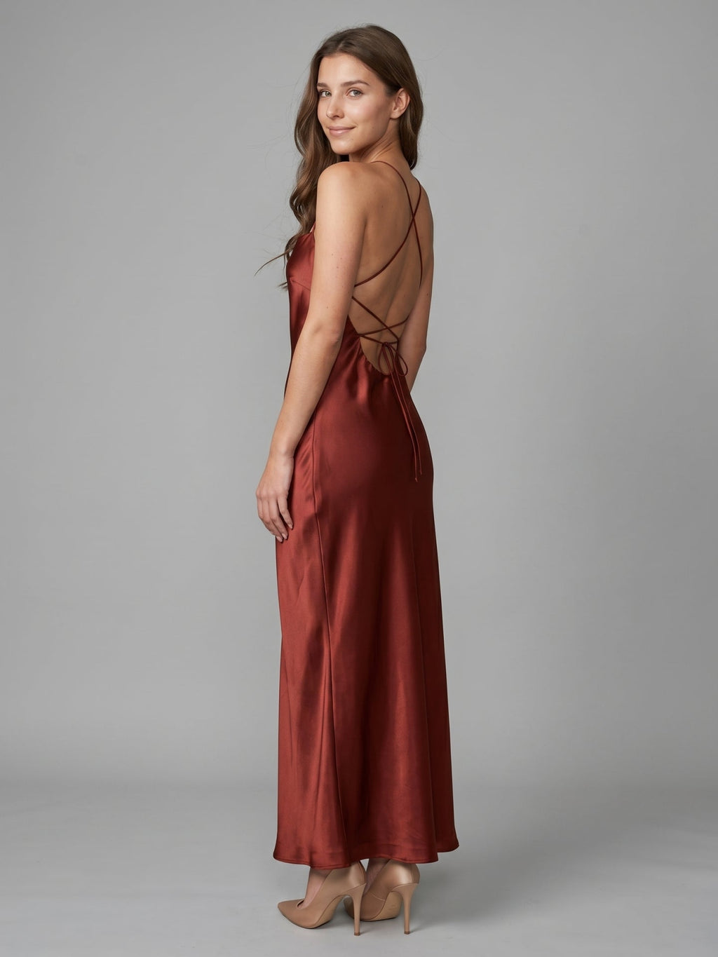 Wine Satin Sheath Square Neck Criss-Cross Straps Ankle-Length Bridesmaid Dress - Curvevia