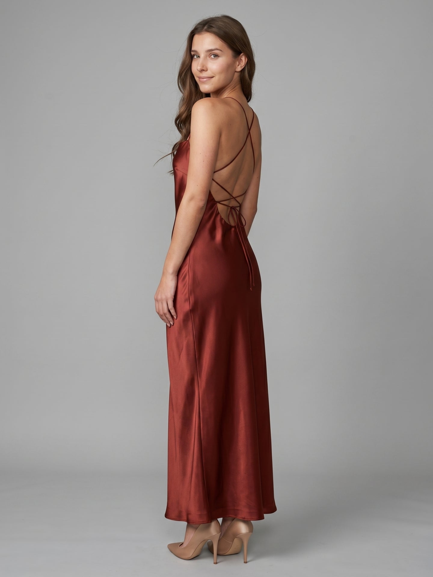 Wine Satin Sheath Square Neck Criss-Cross Straps Ankle-Length Bridesmaid Dress - Curvevia