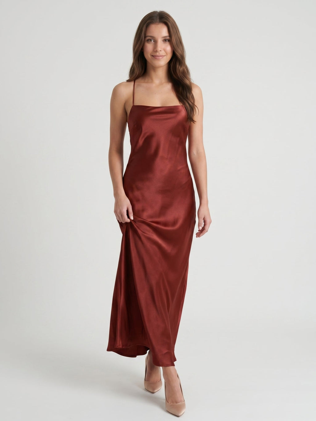 Wine Satin Sheath Square Neck Criss-Cross Straps Ankle-Length Bridesmaid Dress - Curvevia