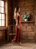 Wine Satin Sheath Square Neck Criss-Cross Straps Ankle-Length Bridesmaid Dress - Curvevia