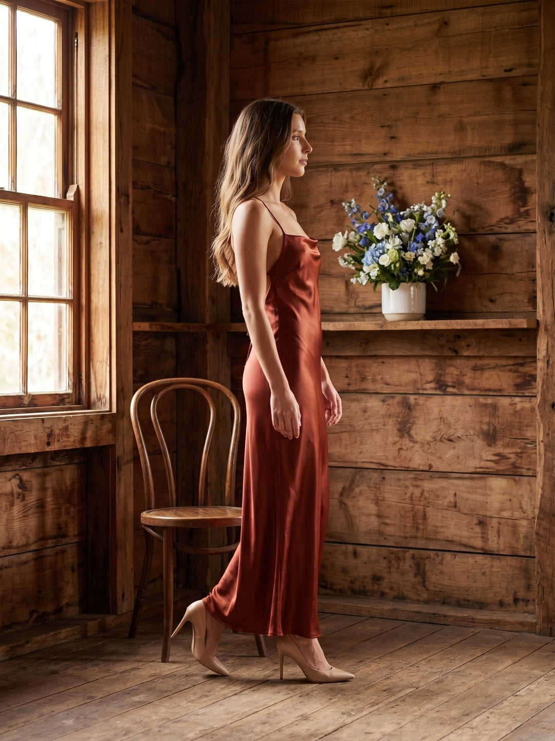 Wine Satin Sheath Square Neck Criss-Cross Straps Ankle-Length Bridesmaid Dress - Curvevia