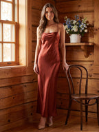 Wine Satin Sheath Square Neck Criss-Cross Straps Ankle-Length Bridesmaid Dress - Curvevia