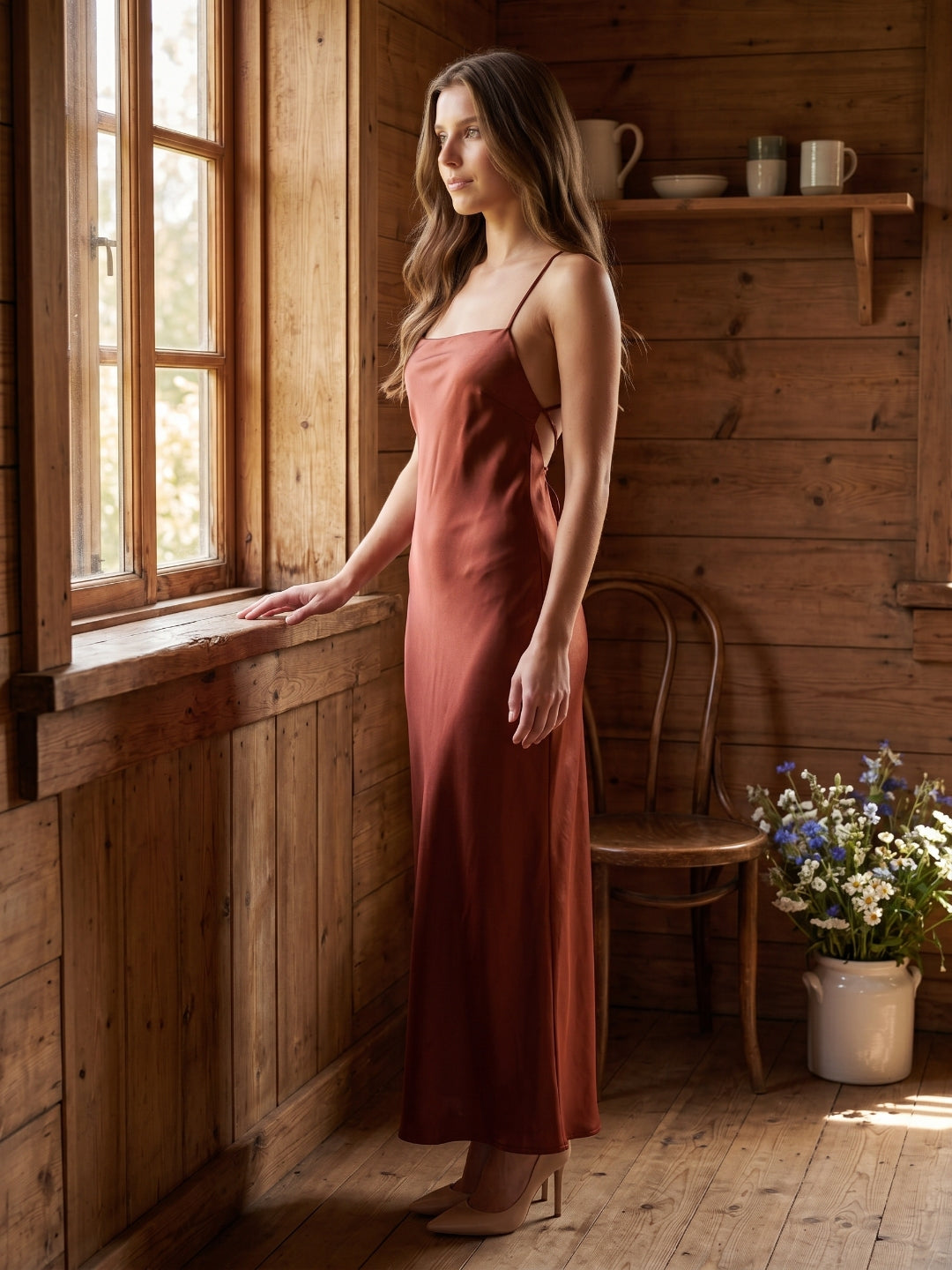 Wine Satin Sheath Square Neck Criss-Cross Straps Ankle-Length Bridesmaid Dress - Curvevia