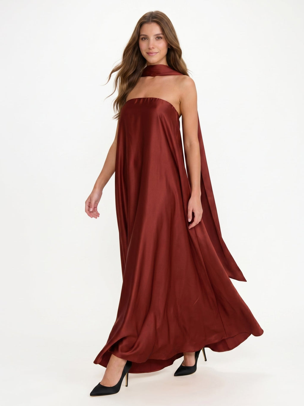 Wine Satin Sheath Straight Neck Off-the-Shoulder Bridesmaid Dress with Cape - Curvevia