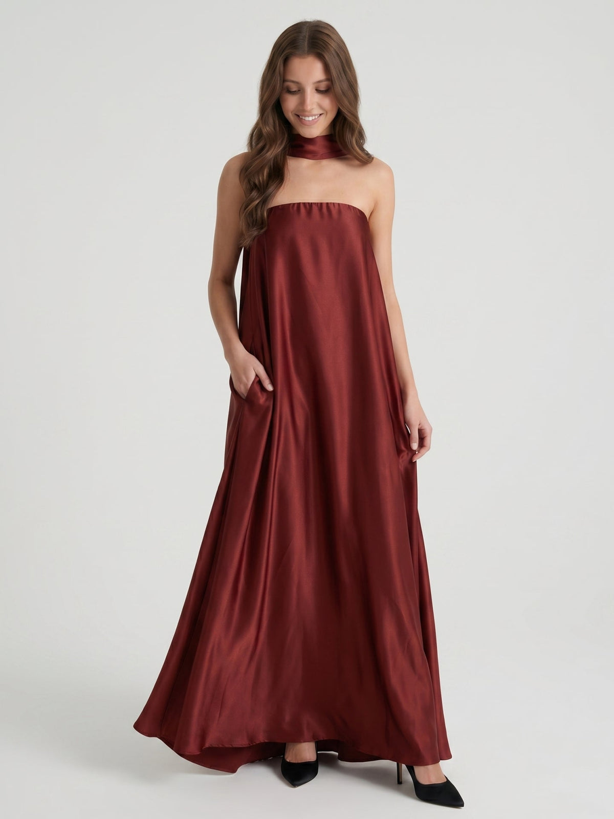 Wine Satin Sheath Straight Neck Off-the-Shoulder Bridesmaid Dress with Cape - Curvevia