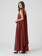 Wine Satin Sheath Straight Neck Off-the-Shoulder Bridesmaid Dress with Cape - Curvevia