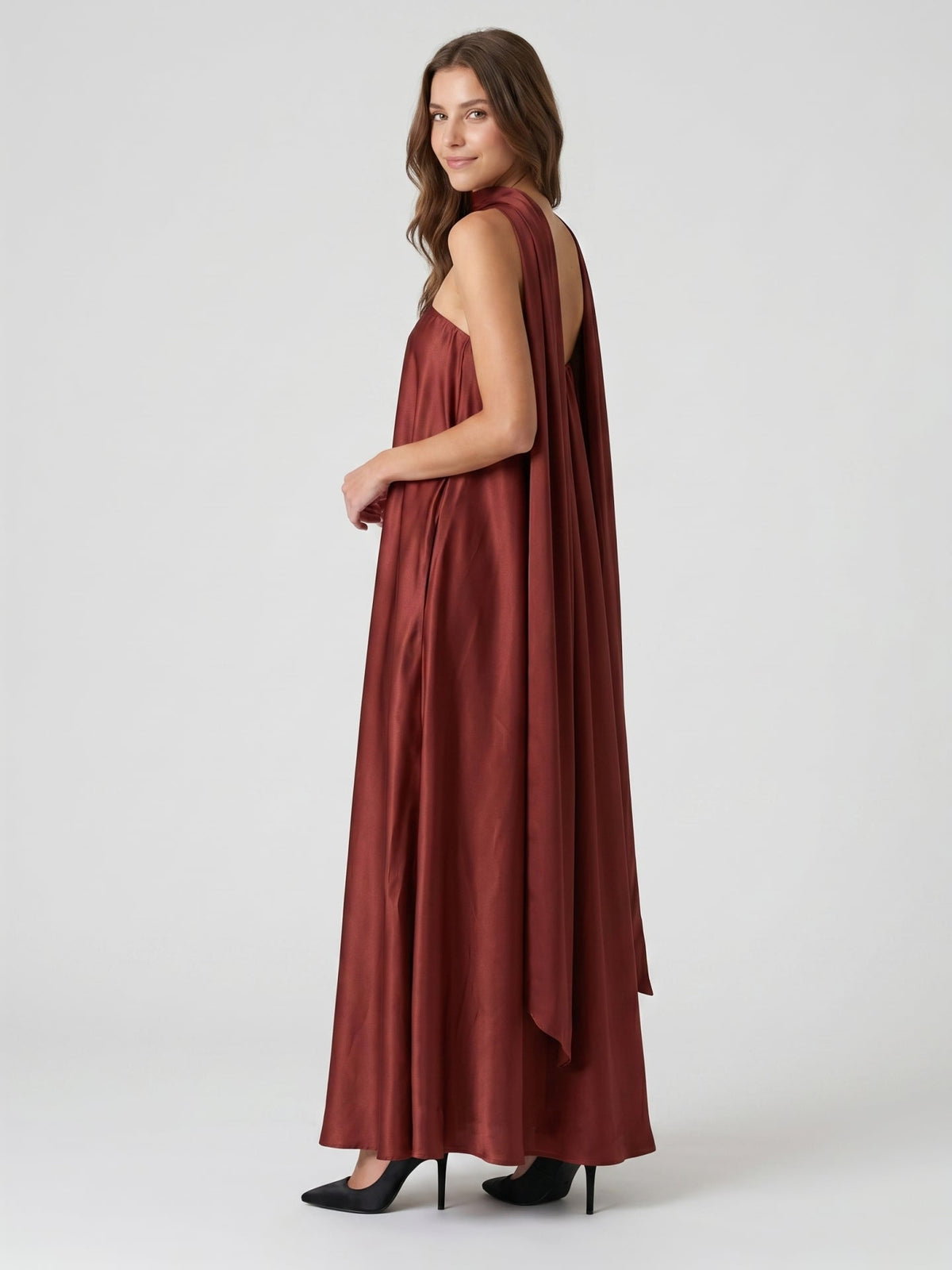 Wine Satin Sheath Straight Neck Off-the-Shoulder Bridesmaid Dress with Cape - Curvevia