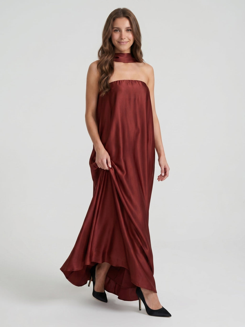 Wine Satin Sheath Straight Neck Off-the-Shoulder Bridesmaid Dress with Cape - Curvevia