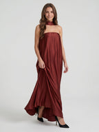 Wine Satin Sheath Straight Neck Off-the-Shoulder Bridesmaid Dress with Cape - Curvevia