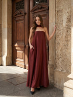 Wine Satin Sheath Straight Neck Off-the-Shoulder Bridesmaid Dress with Cape - Curvevia