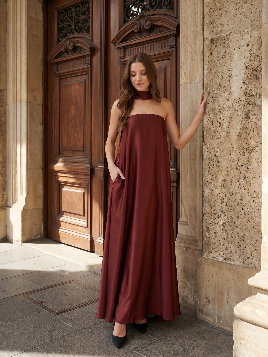 Wine Satin Sheath Straight Neck Off-the-Shoulder Bridesmaid Dress with Cape - Curvevia