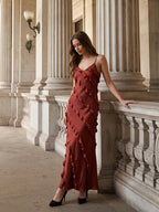 Wine Satin Sheath V-Neck Backless Floor-Length Bridesmaid Dress with Cascading Ruffles - Curvevia