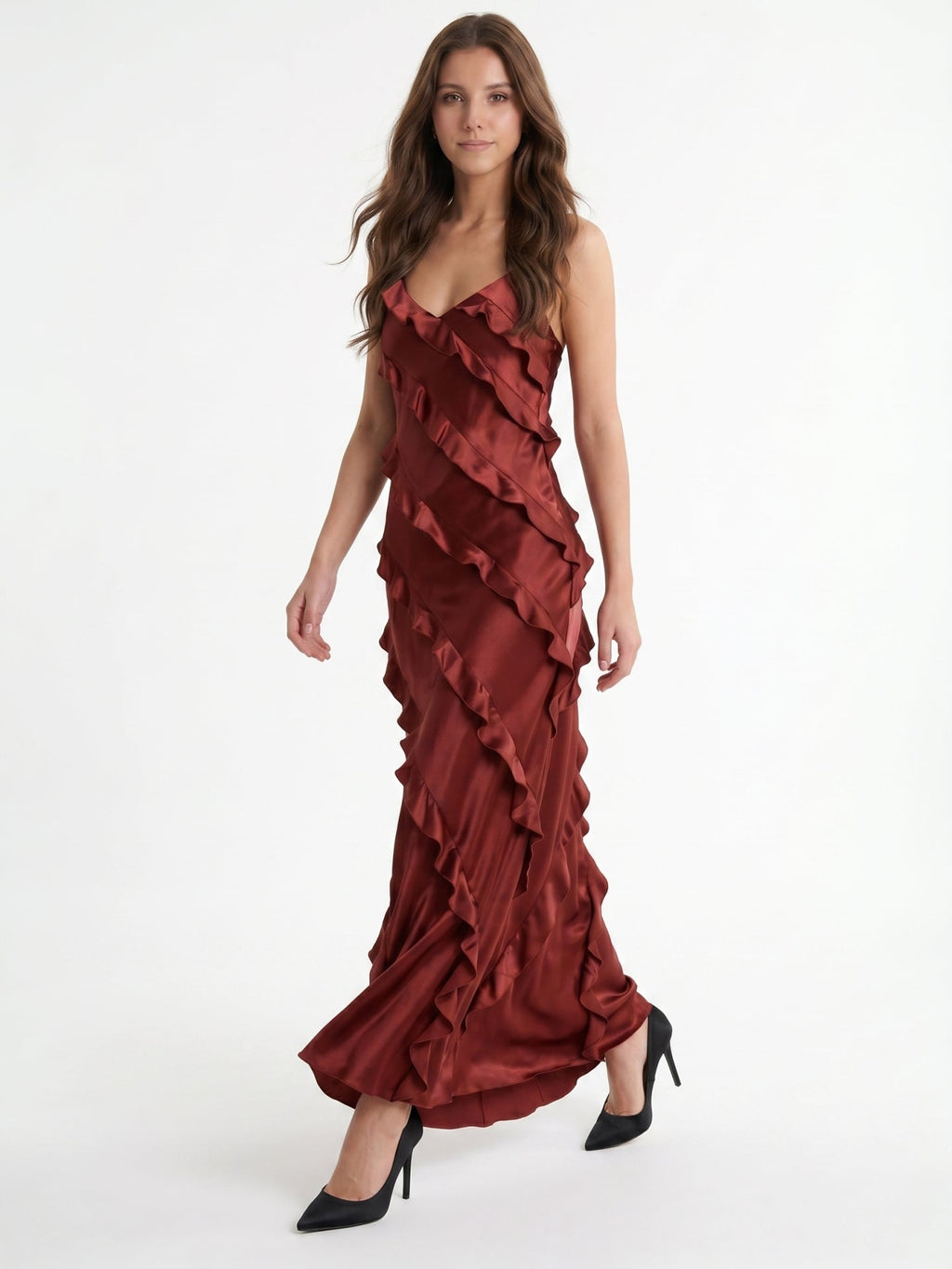 Wine Satin Sheath V-Neck Backless Floor-Length Bridesmaid Dress with Cascading Ruffles - Curvevia