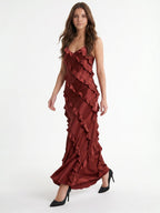 Wine Satin Sheath V-Neck Backless Floor-Length Bridesmaid Dress with Cascading Ruffles - Curvevia