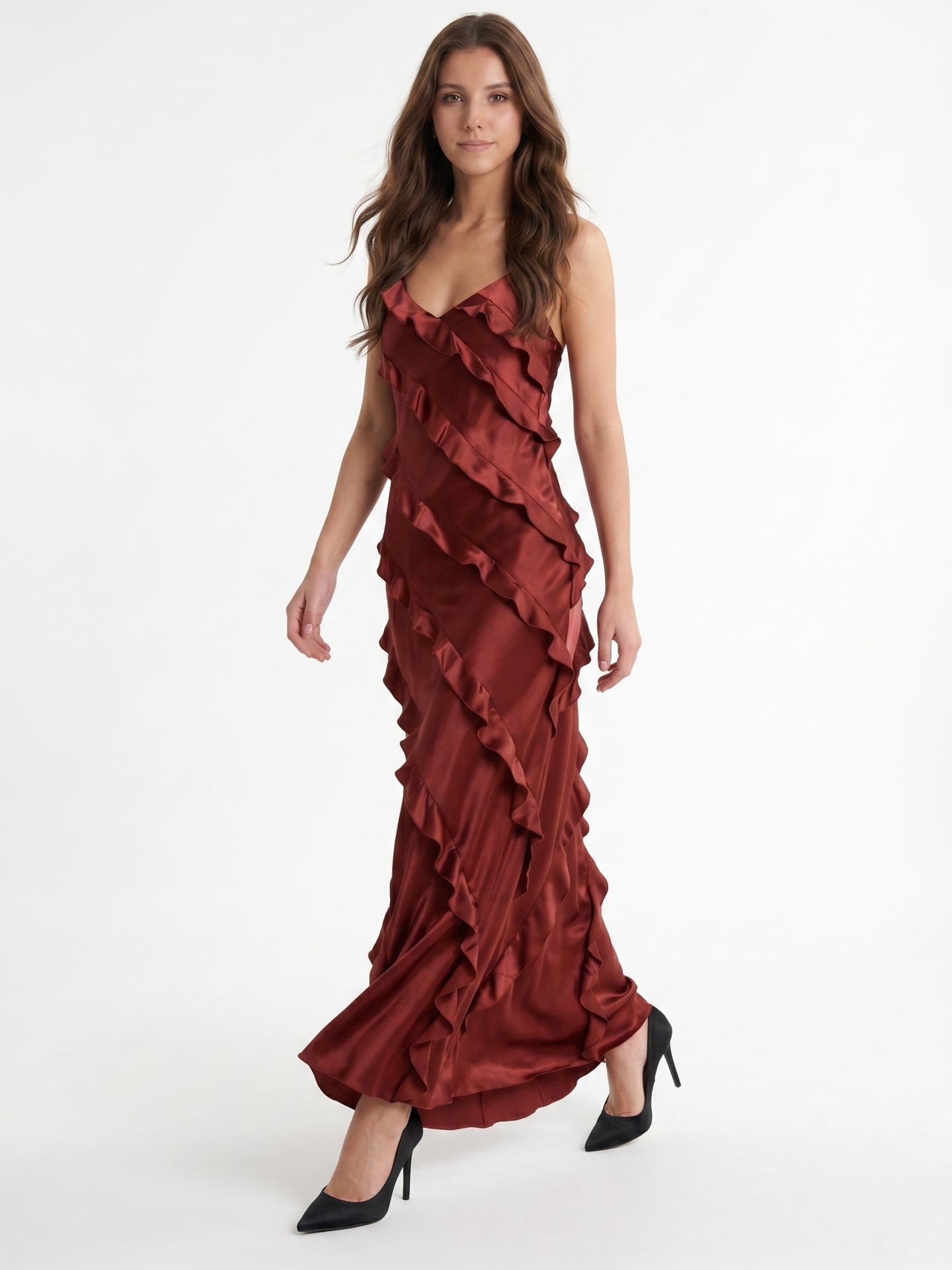 Wine Satin Sheath V-Neck Backless Floor-Length Bridesmaid Dress with Cascading Ruffles - Curvevia