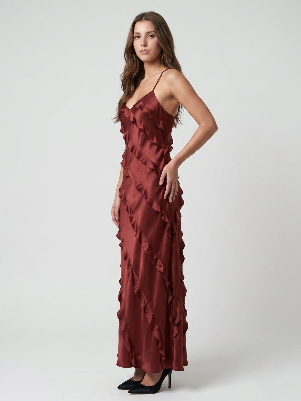 Wine Satin Sheath V-Neck Backless Floor-Length Bridesmaid Dress with Cascading Ruffles - Curvevia
