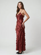 Wine Satin Sheath V-Neck Backless Floor-Length Bridesmaid Dress with Cascading Ruffles - Curvevia