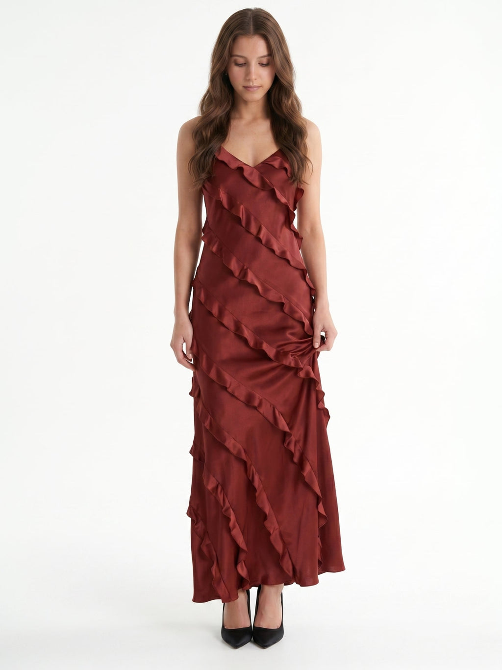 Wine Satin Sheath V-Neck Backless Floor-Length Bridesmaid Dress with Cascading Ruffles - Curvevia
